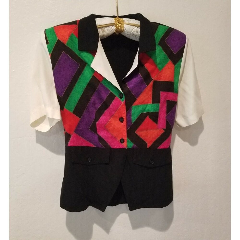 Cascais Of California Women Button Down Shirt Top Shoulder Pads Colorblock Multi